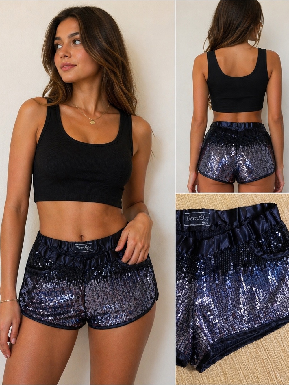 Y2K Silver & Black  Sequin Micro Mini Bootie Festival Rave Shorts Sz S Goth